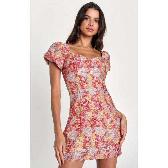 NWT Lulus Sweetest Essence Blush Floral Jacquard Pull Sleeve Mini Dress Size XL - Picture 1 of 12